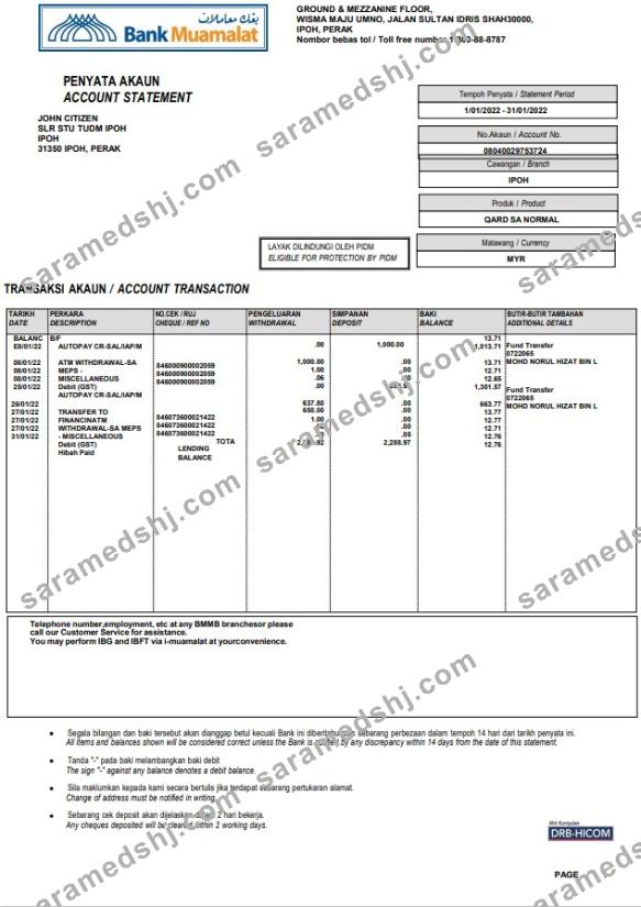 Malaysia Bank Muamalat bank account statement